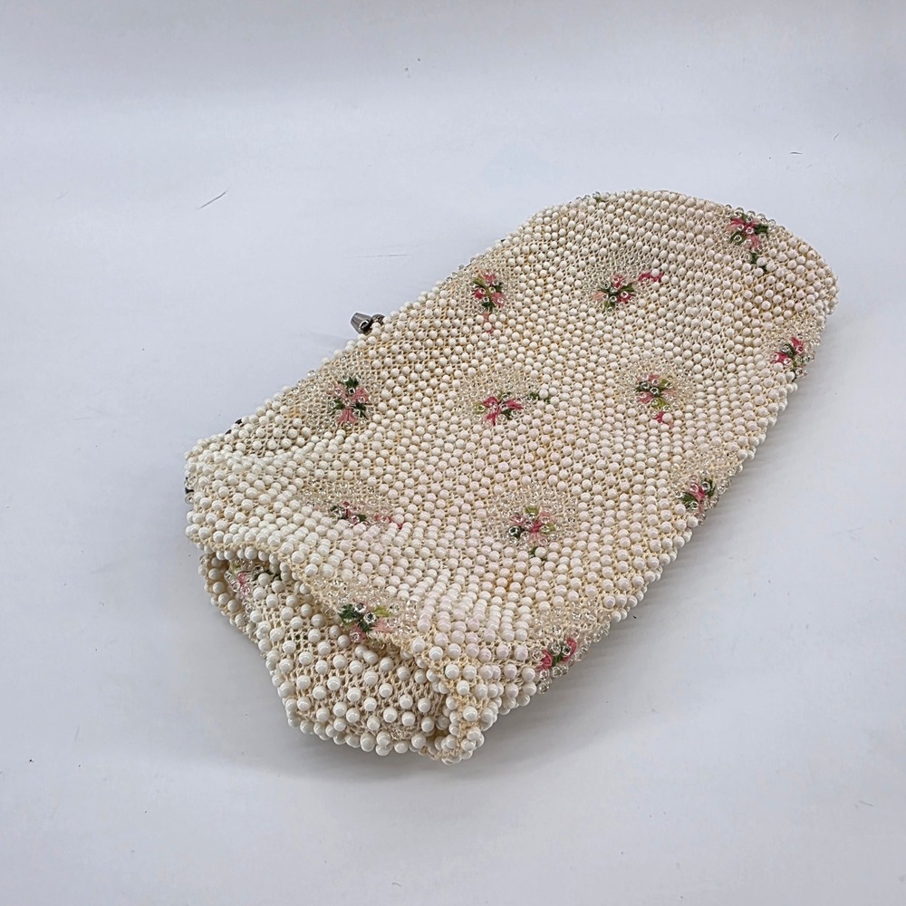 Vintage Corde Bead White Faux Pearl Floral Beaded Clutch Evening Bag Made in USA - Picture 4 of 6